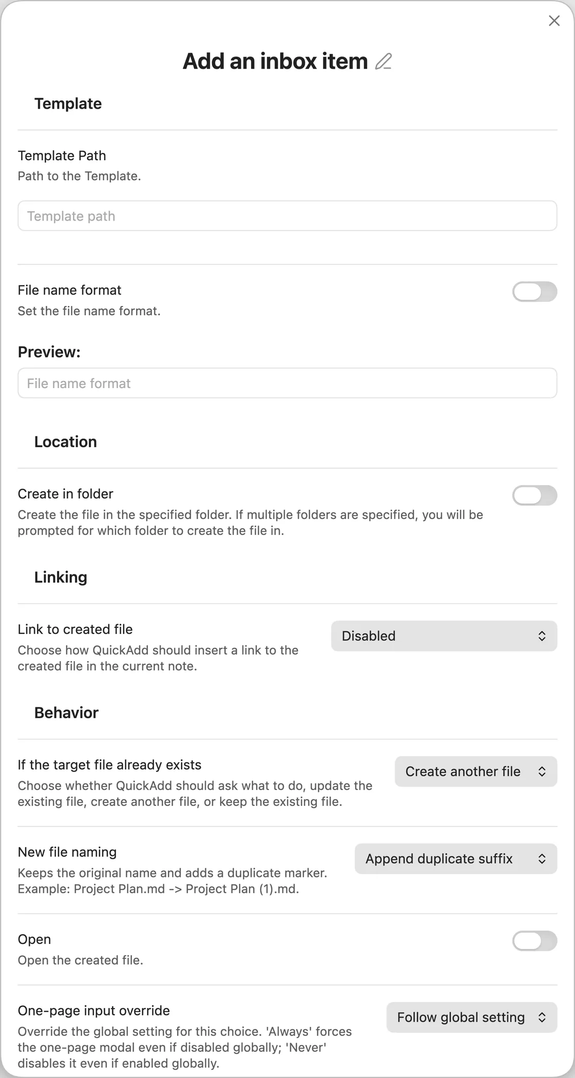 A Template choice for adding an inbox item
